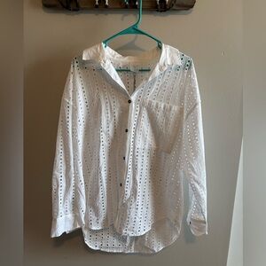 CALIA Women's Oversized Perforated Long Sleeve Button Down Cover Up